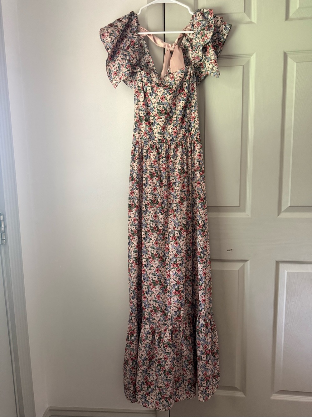Floral Pink Ruffle Maxi Dress with Back Tie